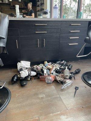 Austin's salon. Always this messy, can't believe he puts this in peoples hair.