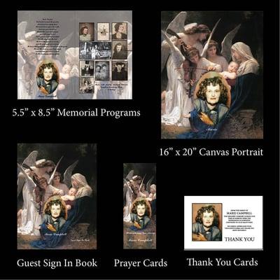 Memorial Box - Inside, with: 100 Memorial Programs 80 Page Guest Sign In Book 100 Prayer Cards 75 Thank You Cards 16” x 20” Canvas Portrait