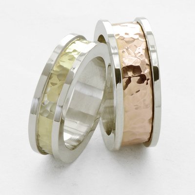 modern hammered 14k rose/white gold and 14k green/white gold wedding bands