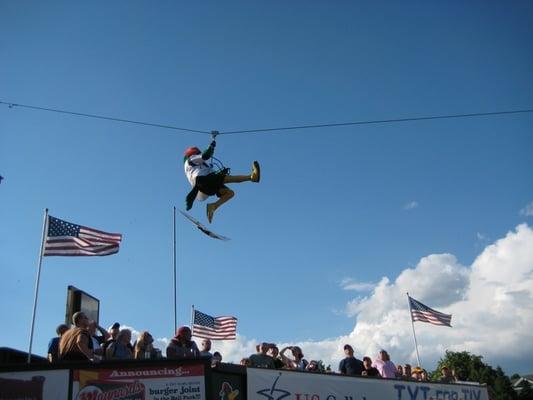 Maynard Mallard coming down the zipline