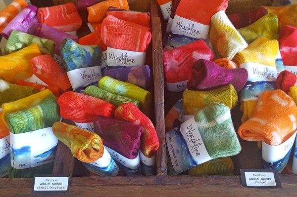 Fiber artist Lory Newmyer's hand-dyed bamboo socks are popular year-round and are sized from infant to adult.