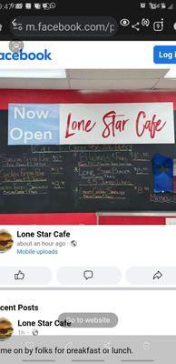 The Lone Star Cafe serves Breakfast and Lunch plates. Come in and bring a friend! There's room to dine in!