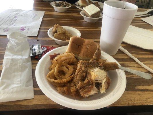 Rolls from a package, canned beans, heated up frozen chicken and onion rings