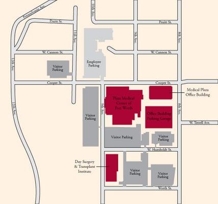 Visitor parking map for Plaza Medical Center of Fort Worth