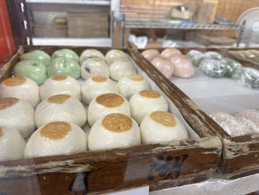 Bean paste mochi showcased in the original wooden cases used by their grandfather when the store first opened.