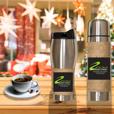 It includes a 16.9 oz. stainless steel thermos with cork textured sleeve that has a natural weathered look for style, and a leak-proof cap