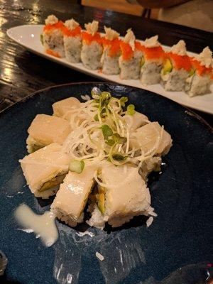 Special scallop roll with blue crab roll