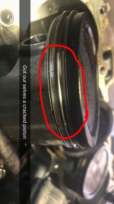 Cracked piston and rings from hot exhaust gas not being able to exit engine due to clogged exhausts