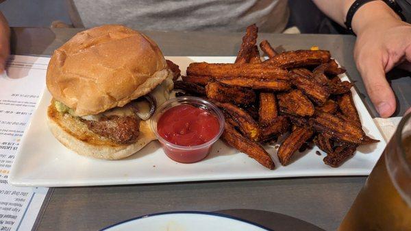 Turkey burger with sweet potato fries (very good)