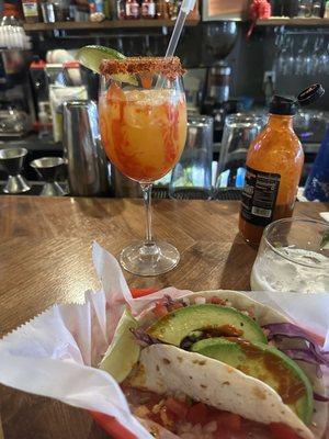 Shrimp tacos and the mango chamoy margarita