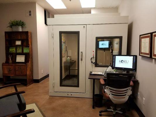 Sound booth, hearing aid programming and counseling.