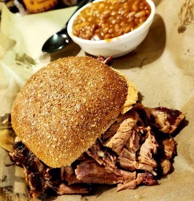 Brisket Sandwich with Baked Beans.