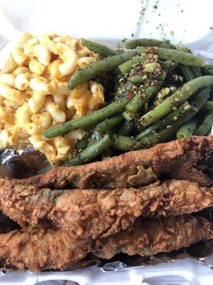 Fried Whiting, String Beans, and Mac & Cheese