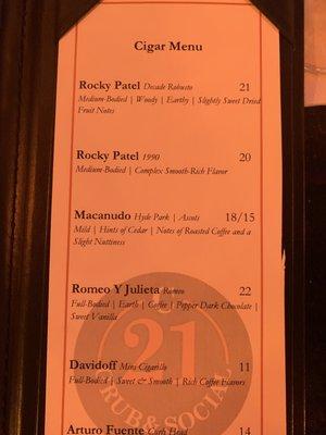 Cigar menu