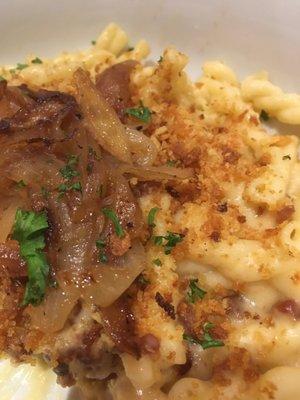 Mac and cheese with bacon and caramelized onions.