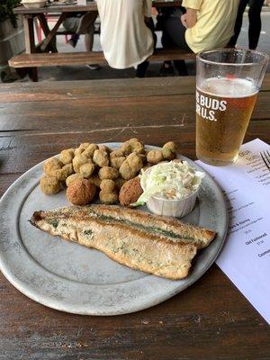 Trout with fried ocra and slaw