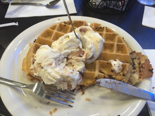 Chocolate chip waffle and praline ice cream.yum!