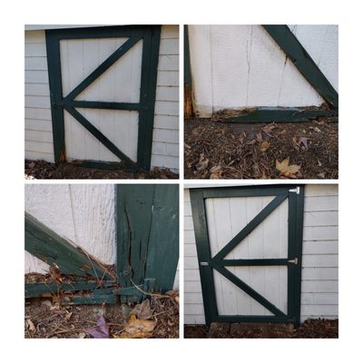 Rotted trim on shed door and hardware replaced.