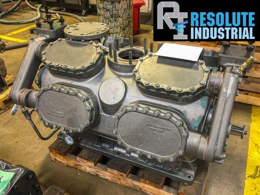 A 16 cylinder reciprocating compressor being remanufactured in our Compressor Facility in Chicago.