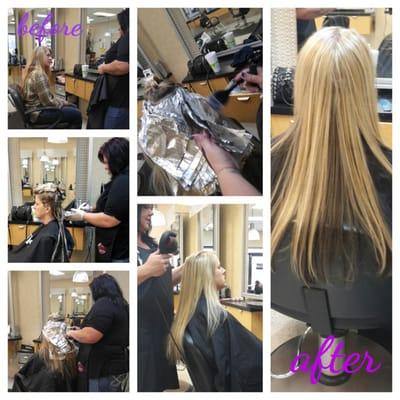 Jasmine doing a full highlight with a dark underneath. Top left is the consultation. Then Jasmine working her magic. & complimentary blowdry