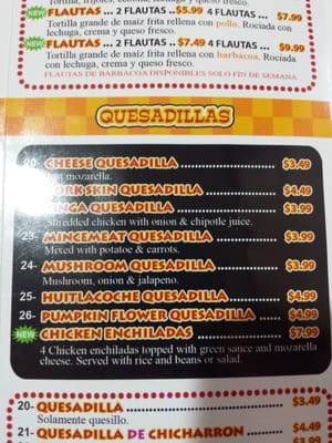 Quesadilla menu.