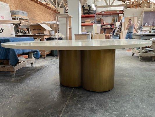 Bleached Birdseye Maple Dining Table, with Brass Base