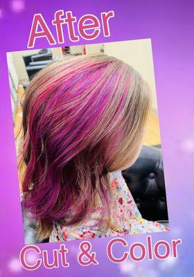 Galaxy-inspired hair color with vibrant pink and blue hues, perfect for those who want to add a touch of cosmic magic to their look.