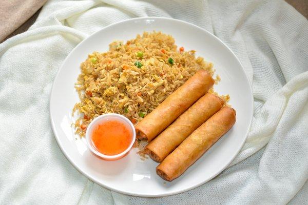 Fried rice, 3 eggrolls, and sweet sauce & shrimp sauce