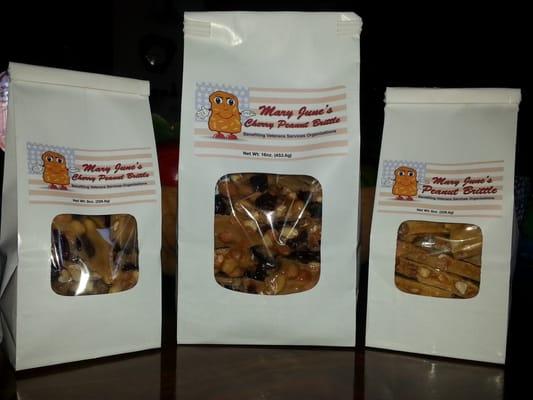 Try our 4 delicious brittles! We have Plain, Cherry, Pretzel, and Chocolate Drizzled Popcorn brittle!