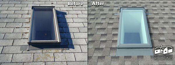 Failing seals on this old, outdated skylight let water into the home.
 We replaced it with this beautiful new skylight.