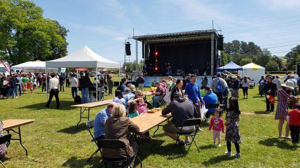 There were a lot of tables set up in front of the stage so you could eat your lunch