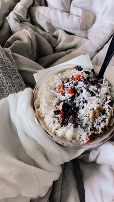 Cacao-nut Bowl with a peanut butter base, shredded coconut, chia seeds, and light walnuts! Mmm  So delicious!