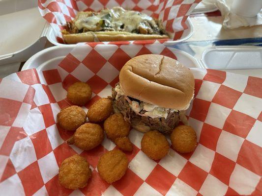 Pulled pork and coleslaw and corn nuggets