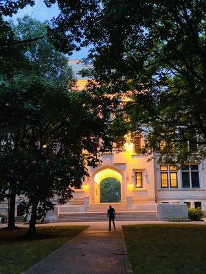 The campus is well lit at night