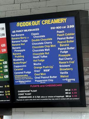 Cookout Milkshake Options