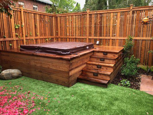 New redwood deck/steps, fence and turf surrounding new hot tub in a Rockridge backyard