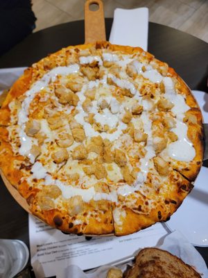 Buffalo chicken pizza from the hotel restaurant