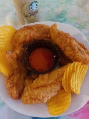 Crispy Chicken  strips with  buffalo sauce and some cheesy chips. Outstanding.