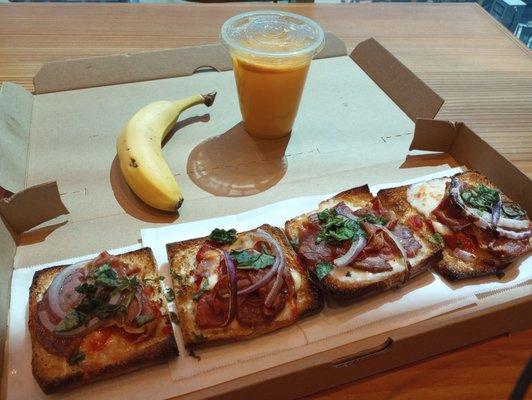 Salami and prosciutto flatbread and fresh orange juice