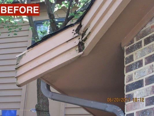 BEFORE: wood rot like this existed in 6-7 places within the fascia and around the house. Rotten boards replaced and then wrapped in aluminum