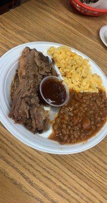 Brisket, mac and cheese and beans