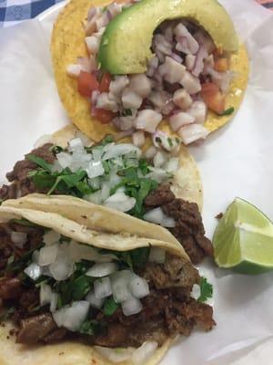 Heaven. Ceviche tostada, crispy tripe taco and steak taco.