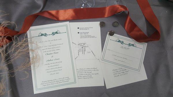 Wedding Invitation with Information on back along with rsvp postcard.