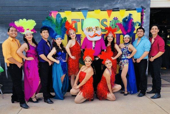 Arizona Folklorico Dance Co celebrating Tucson Mardi Gras at the Slaughterhouse in our Carnaval Samba costumes