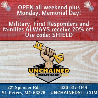 Open all weekend including Monday, Memorial Day! 
20% Off Use Code: SHIELD