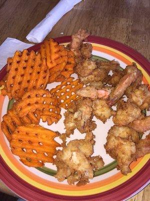 Fried shrimp with sweet potato fries