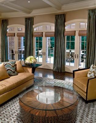 Interior Design of residence in Alpine, NJ.  This Living Room showcases Custom Window Treatments, Stark Carpets Rug, and Swaim Furniture.