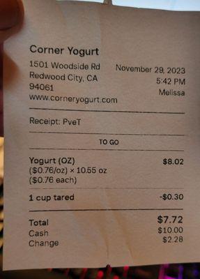 My receipt showing $0.76/oz, and $0.30 cup credit