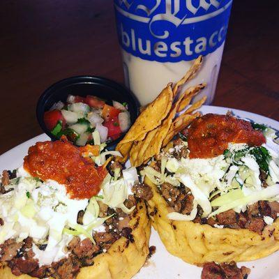 Asada sopes, cold horchata for lunch.