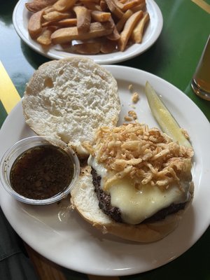 French Onion Burger, French Fries, Beer